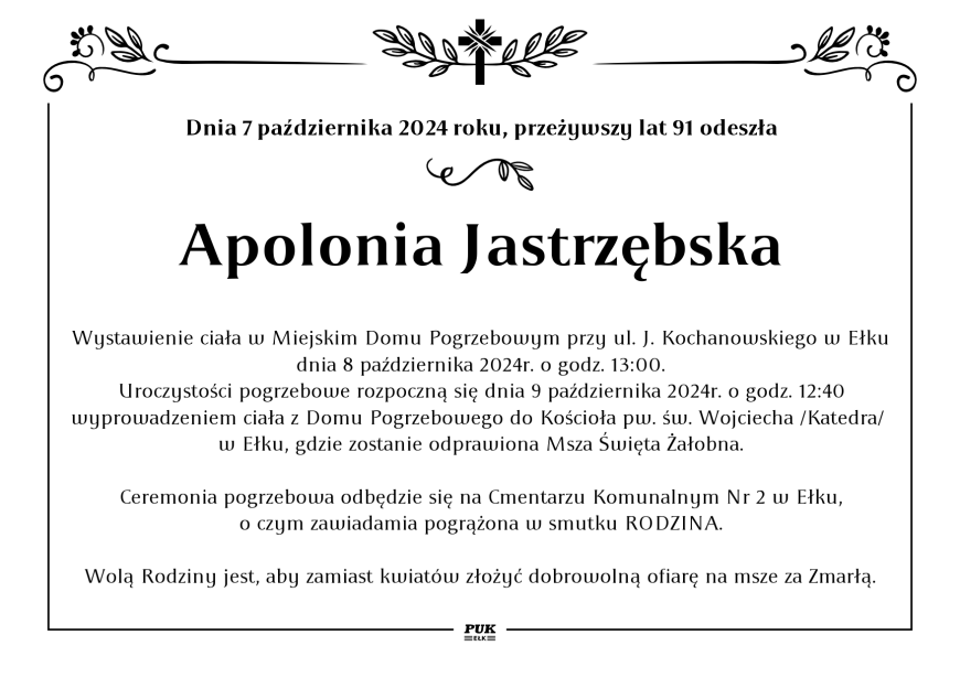 Apolonia Jastrzębska - nekrolog